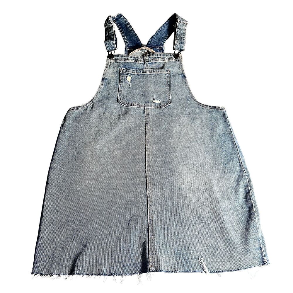 Wild Fable Women’s Blue Denim Overall Dress Size L Pinafore Jumper Skirt Raw Hem
